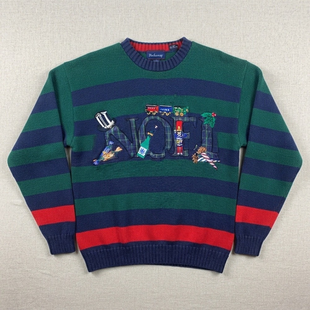 Vintage novelty ugly Christmas Sweater Noel Embroidered nutcracker train holly